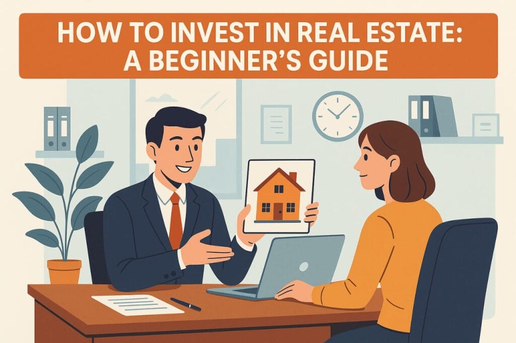 Real estate broker guiding a client on investment in a modern office setting