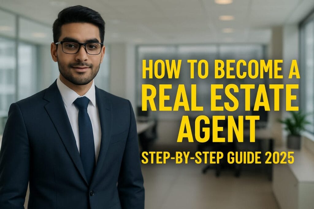 A confident real estate agent showing property to clients – How to become a real estate agent in India